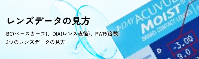 BC（ベースカーブ）、DIA（レンズ直径）、PWR（度数）3つのレンズデータの見方